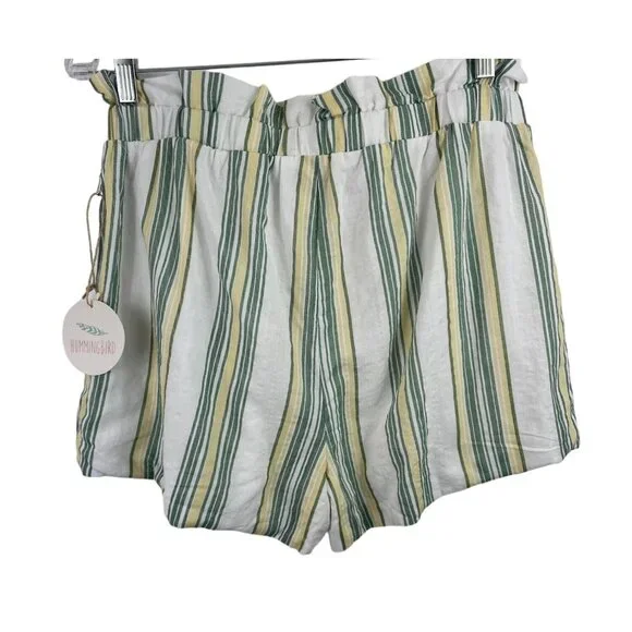 Hummingbird Paper Bag Shorts Lined Tie Waist Green Yellow Striped Womens Size L - Picture 2 of 10